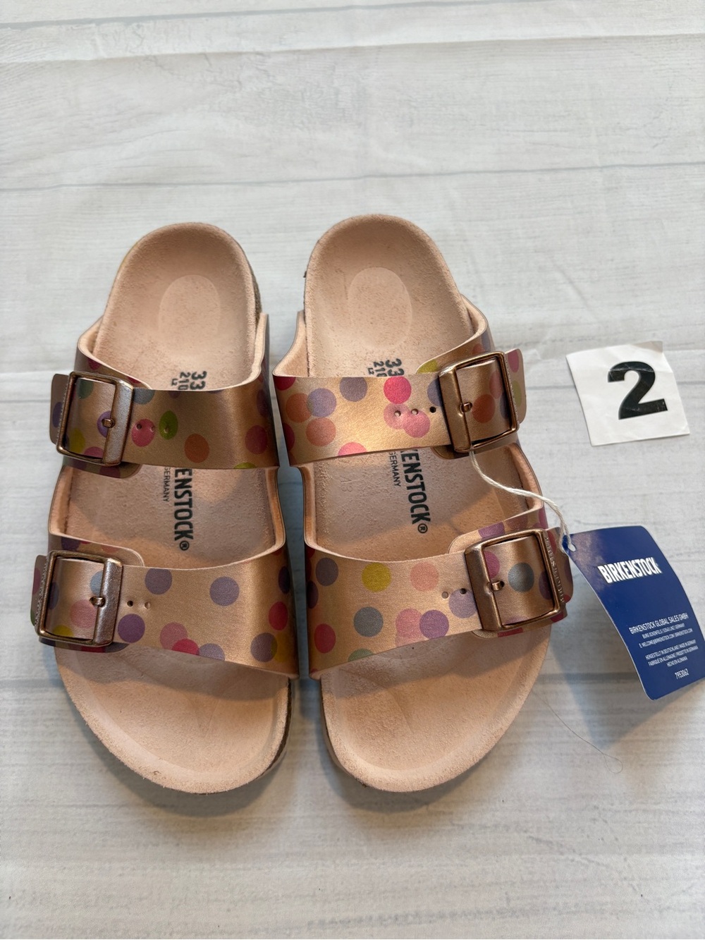 Birkenstock Kids Arizona Sandals in Rose Gold with Multicolor Polka Dots